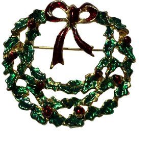 Gold Tone Enamel Christmas Wreath Brooch Pin